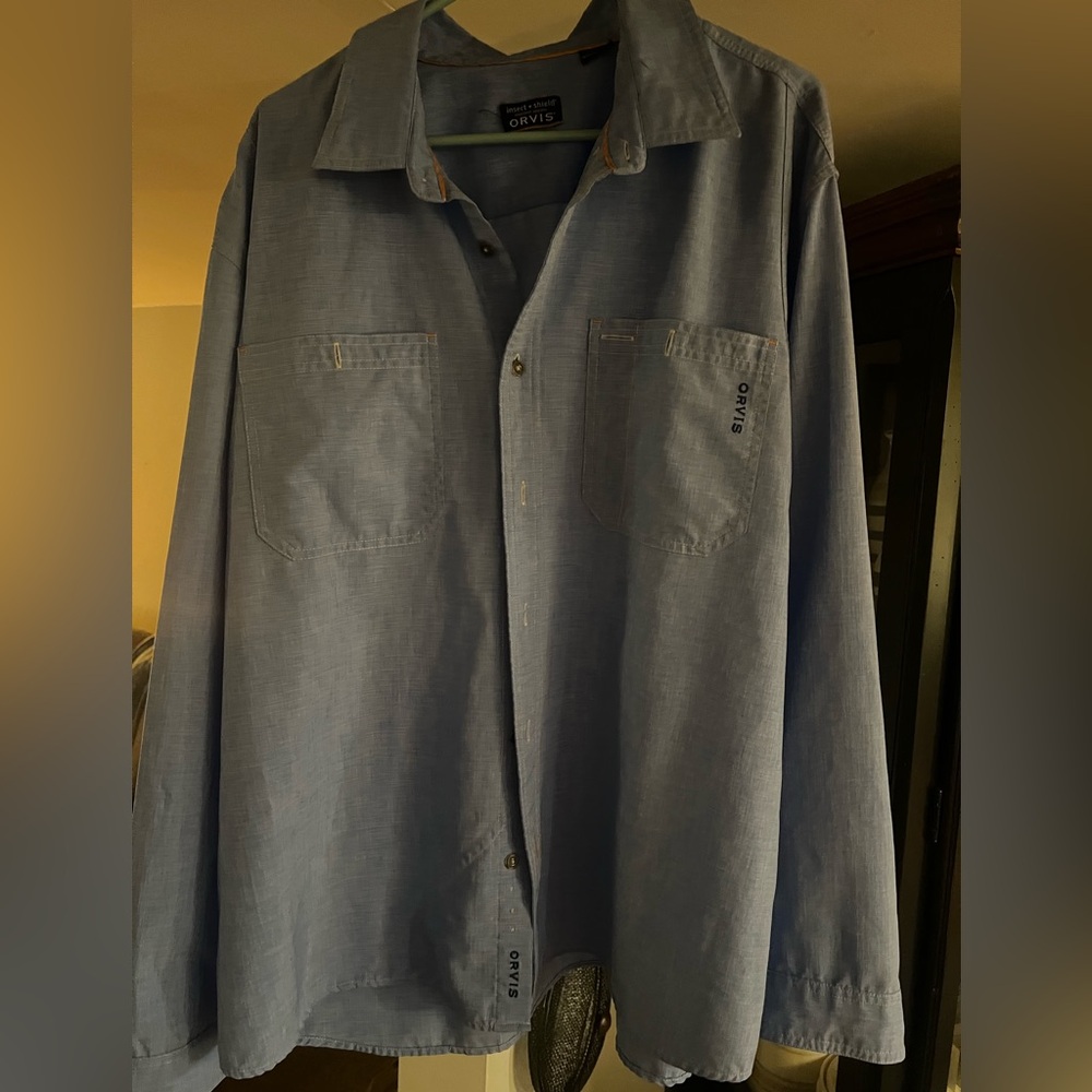 Orvis insect shield light blue button-up long-sleeve utility shirt XXL
